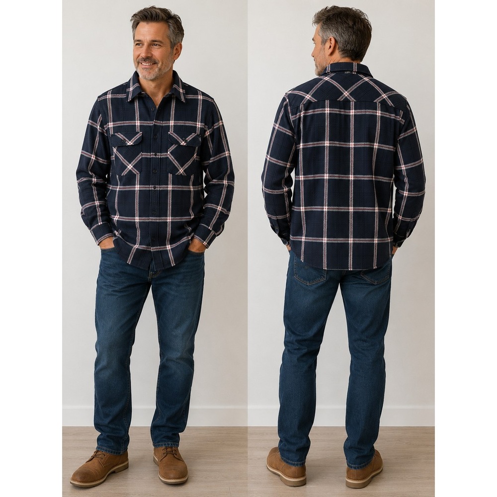 Pacific Trail Mens Large Navy Blue Red Plaid  Cotton Flannel Button Shirt NWOT